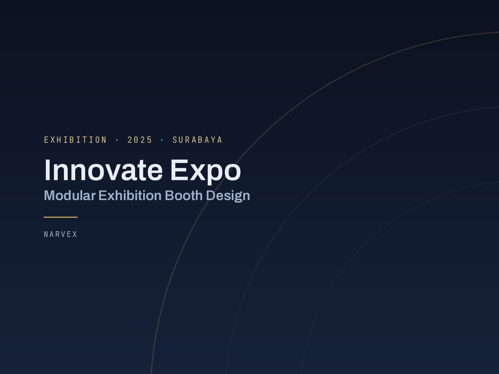 Sampul proyek Innovate Expo — kartu tipografis berlatar navy gelap, judul putih, dengan busur emas melengkung di sisi kanan
