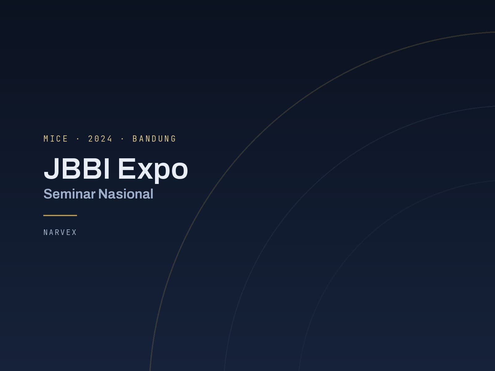 Sampul proyek JBBI Expo dan Seminar Nasional — kartu tipografis berlatar navy gelap dengan busur emas melengkung di sisi kanan