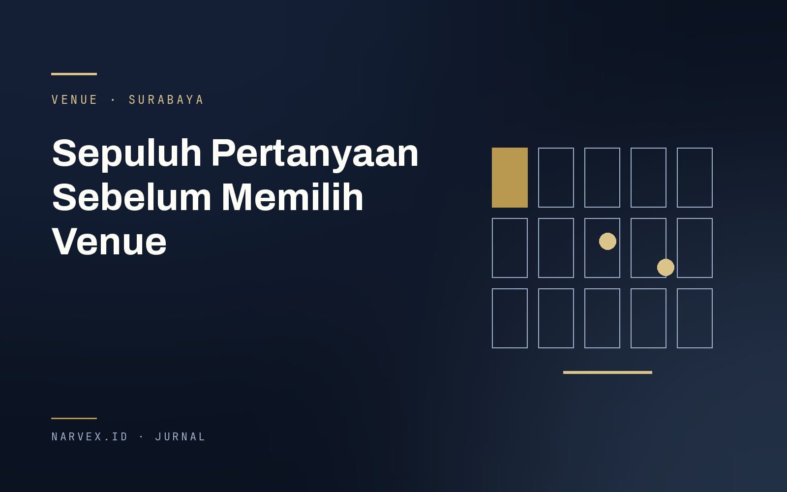 Denah hall pameran berisi kotak-kotak stand, dua tanda kolom, dan satu stand yang disorot emas