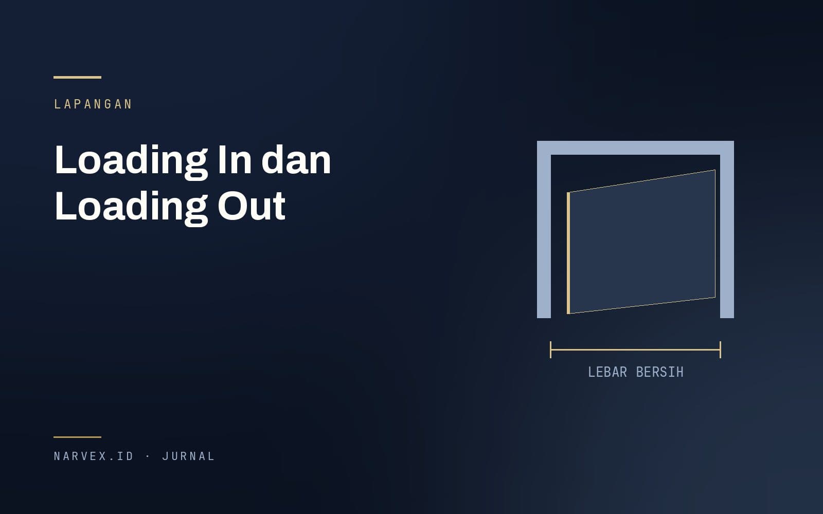 Kusen pintu loading dock dengan panel booth yang sedang dimasukkan dan garis ukur lebar bersih