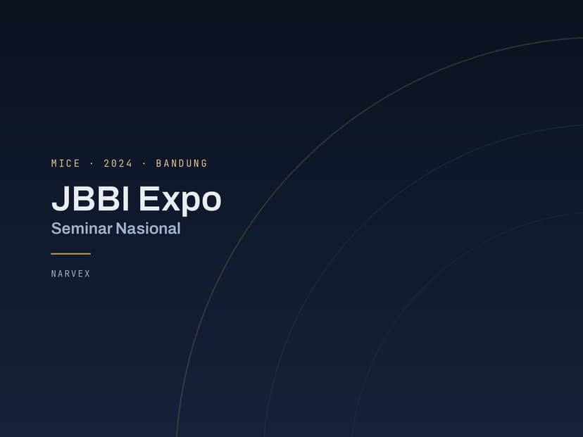 Sampul proyek JBBI Expo dan Seminar Nasional — kartu tipografis berlatar navy gelap dengan busur emas melengkung di sisi kanan